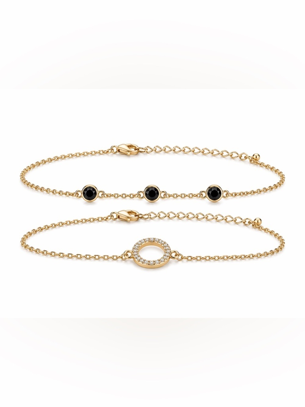 Gold Black Onyx & Crystal Circle Bracelet Set Adjustable 6–9.5” 2pcs